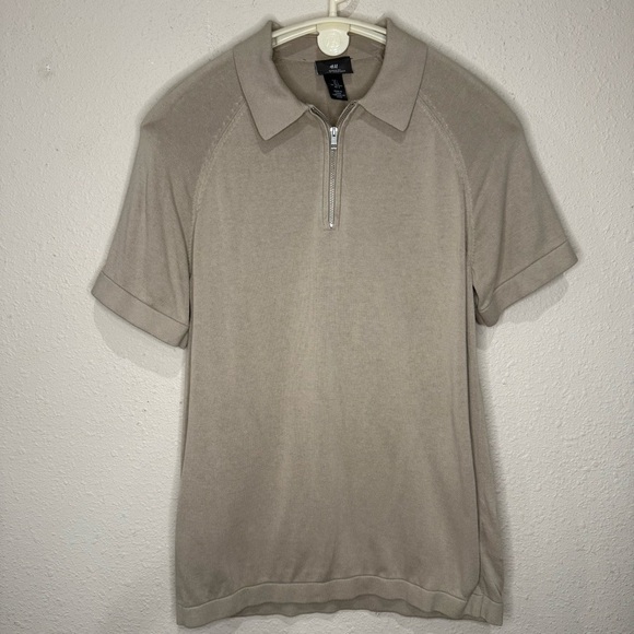 H&M Muscle Fit Polo Tan 1/4 Zip Shirt Short Sleeve Collar Men’s Size Large - Picture 1 of 13